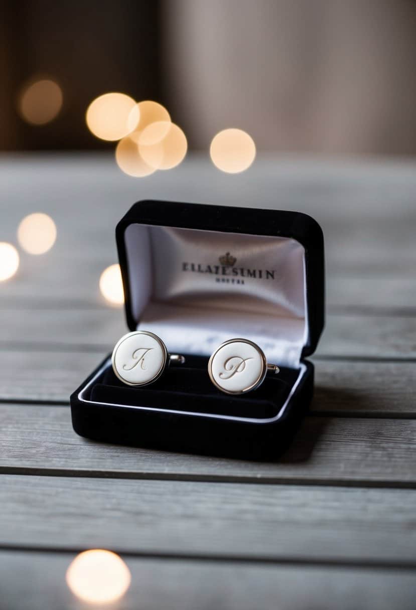 A pair of elegant cufflinks with the groom's initials engraved, presented in a sleek black velvet box