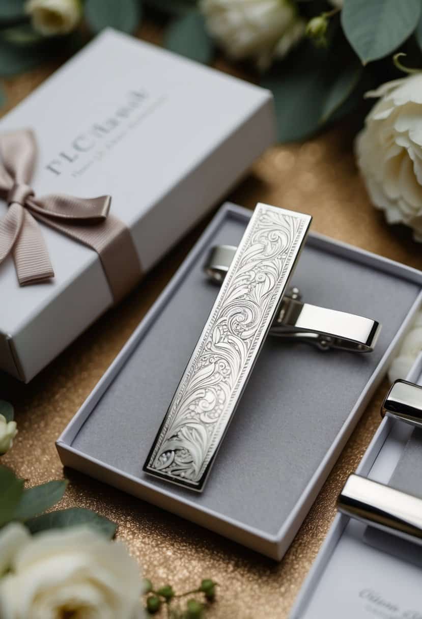 A sleek tie clip with intricate engraving, surrounded by elegant packaging and other wedding accessories