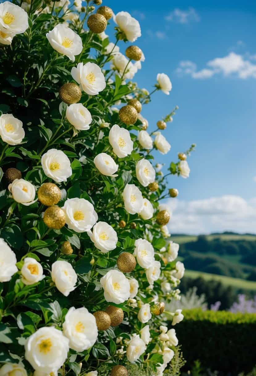 A lush garden with ivory flowers and gold accents, set against a backdrop of blue skies and rolling hills