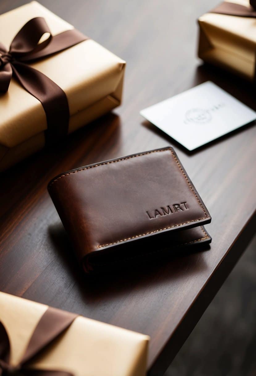 A leather wallet with engraved initials sits on a sleek wooden table, surrounded by elegant gift wrapping and a small card