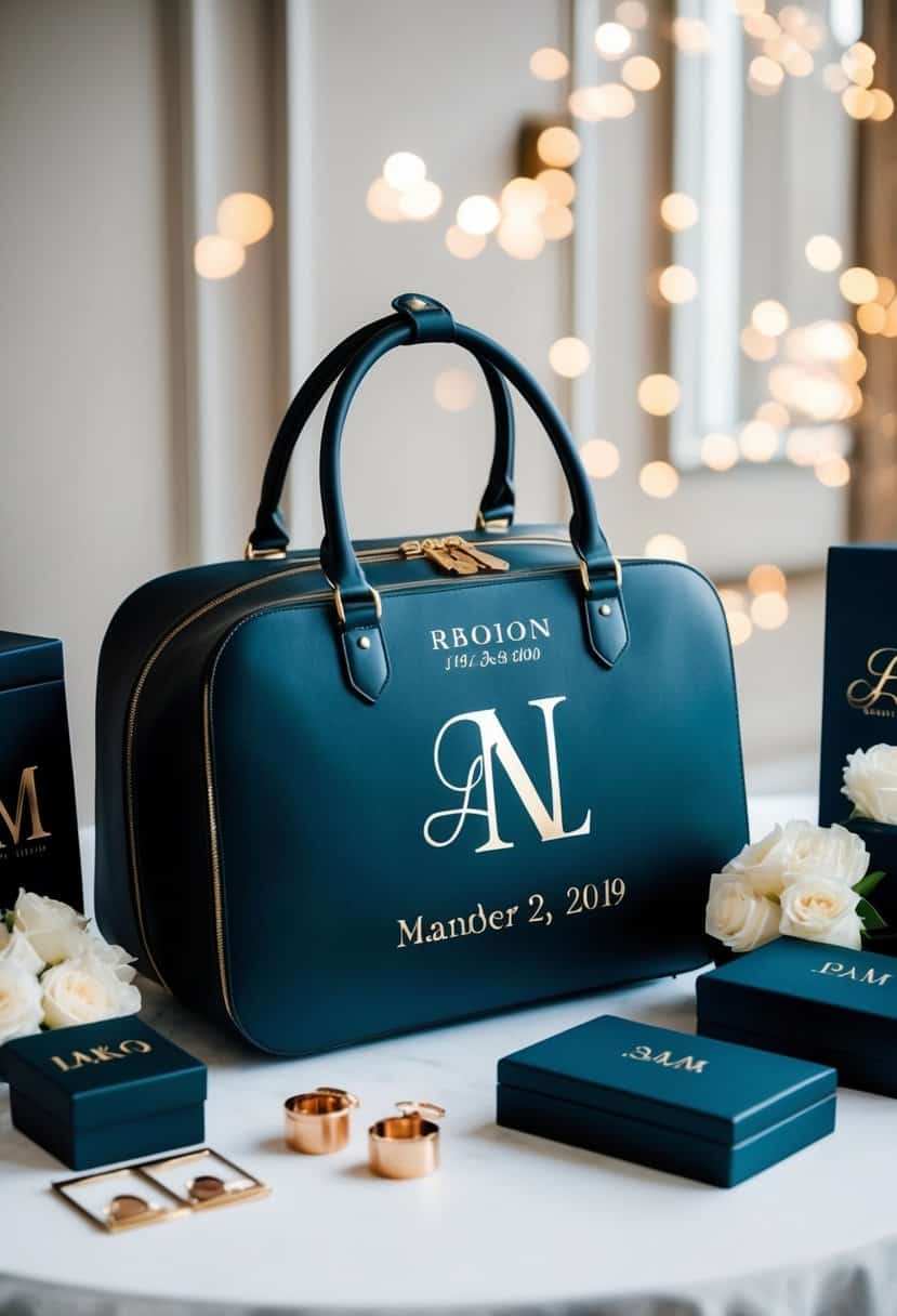 A sleek and stylish travel bag adorned with personalized initials and wedding date, surrounded by elegant accessories and packaging