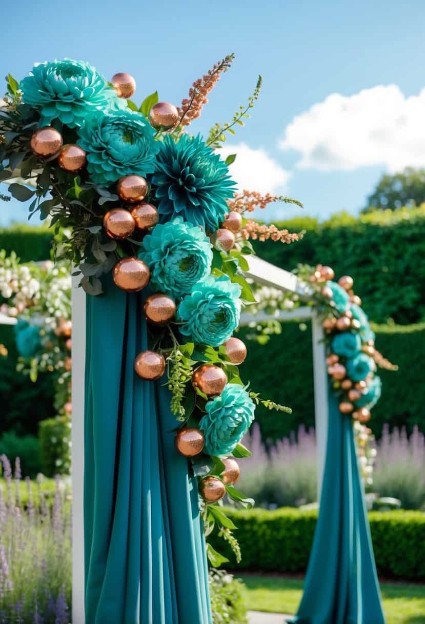 A lush garden with teal and copper flowers, draped in elegant fabric, set against a bright blue sky
