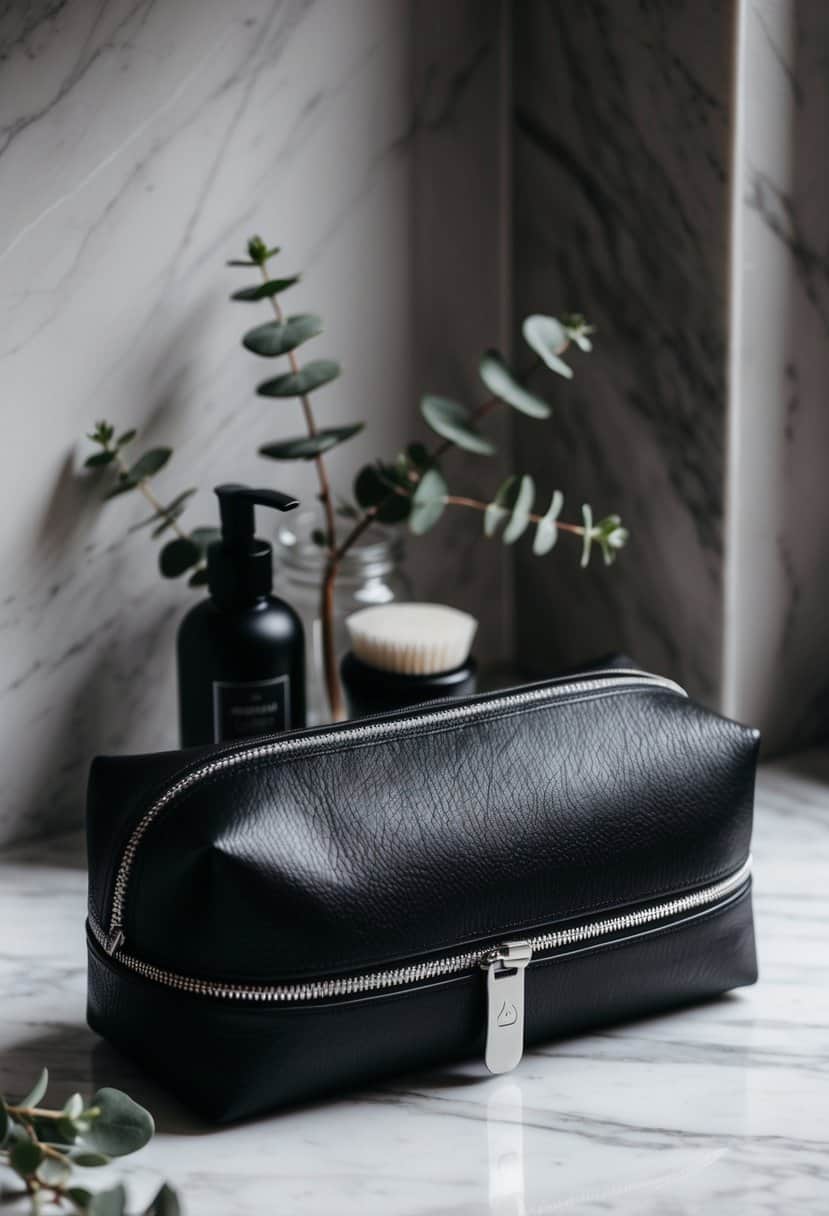 A sleek black grooming kit with silver accents sits on a marble countertop, surrounded by a few sprigs of fresh eucalyptus