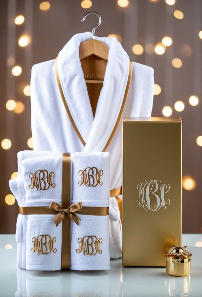 A luxurious monogrammed robe displayed with matching accessories in a gift box