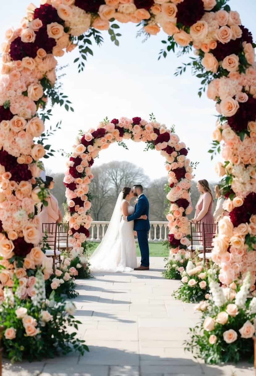 A pale peach and burgundy floral archway frames a spring wedding ceremony