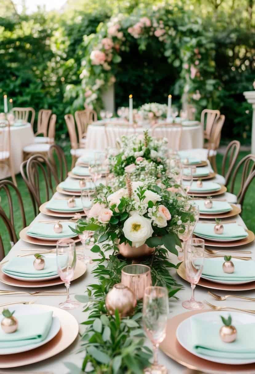 A lush garden filled with mint green foliage and delicate rose gold accents adorning the tables and decor for a spring wedding