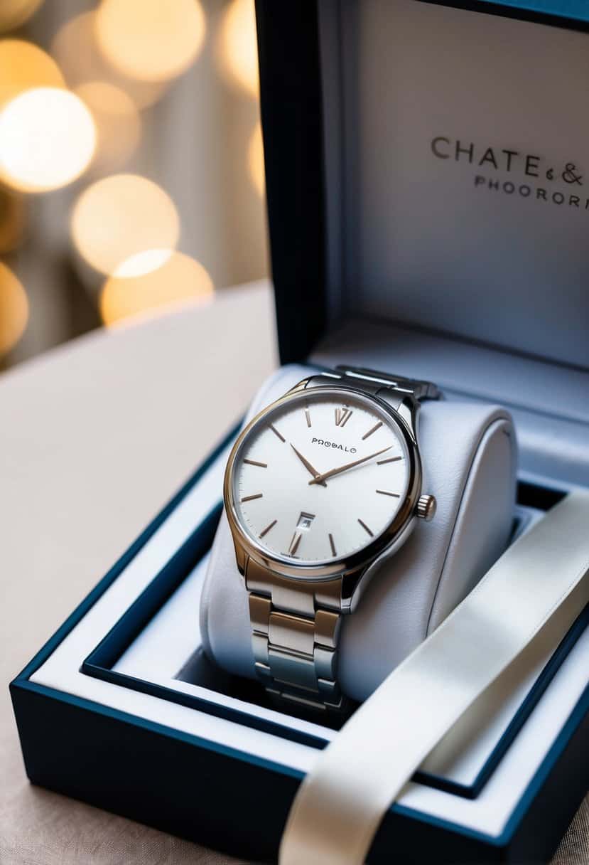 A sleek, silver watch with a personalized engraving, displayed in a luxurious gift box with a satin ribbon