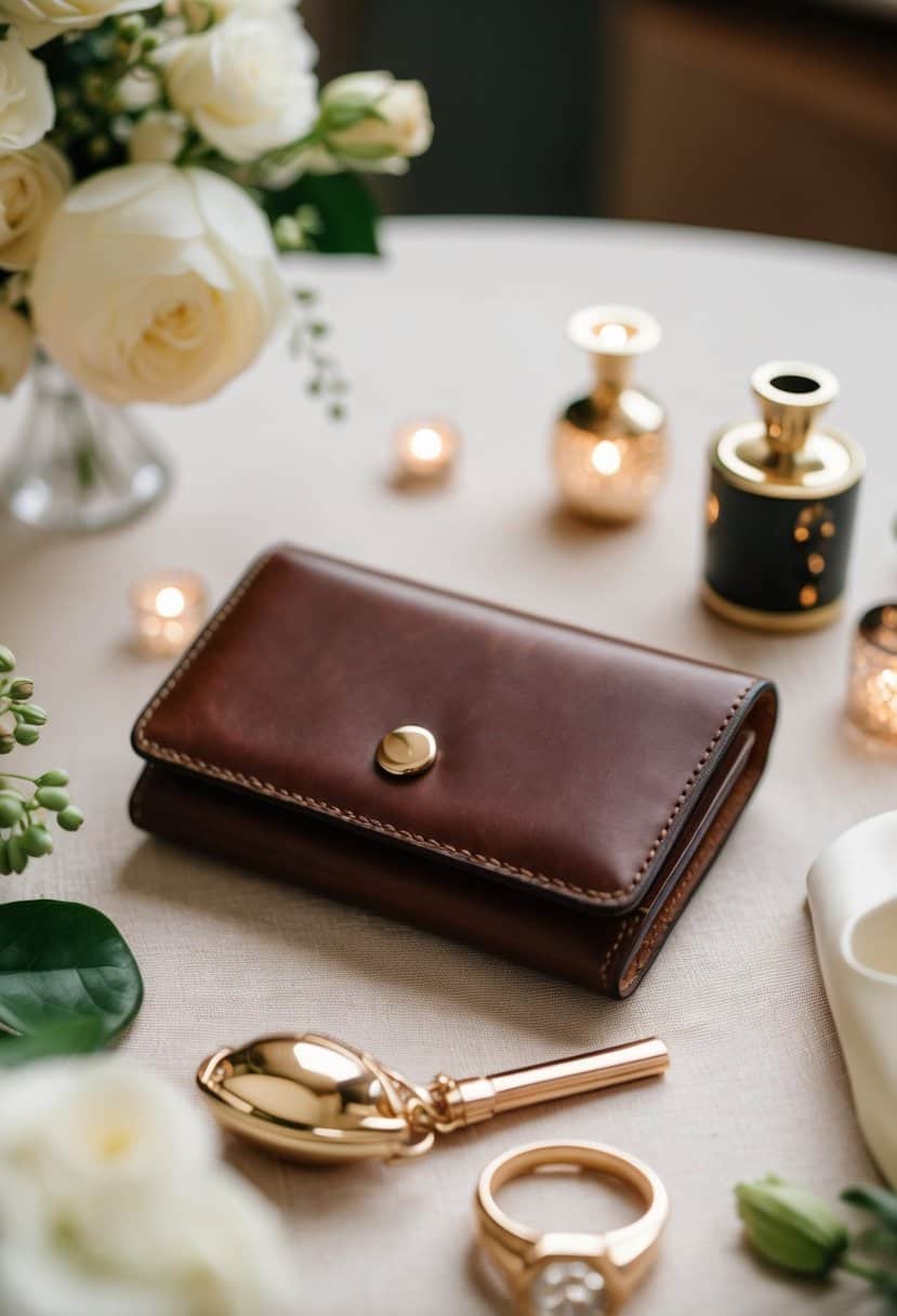 A custom leather wallet surrounded by elegant wedding accessories