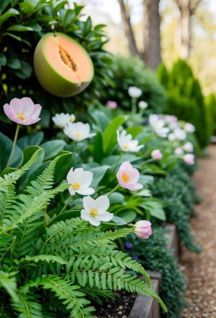 A lush garden with cantaloupe and fern accents, adorned with delicate spring blooms in soft pastel shades