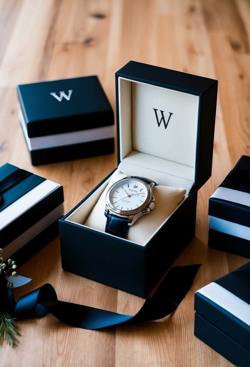 A sleek, black watch box with the groom's initials engraved on the lid, surrounded by elegant packaging and a bow
