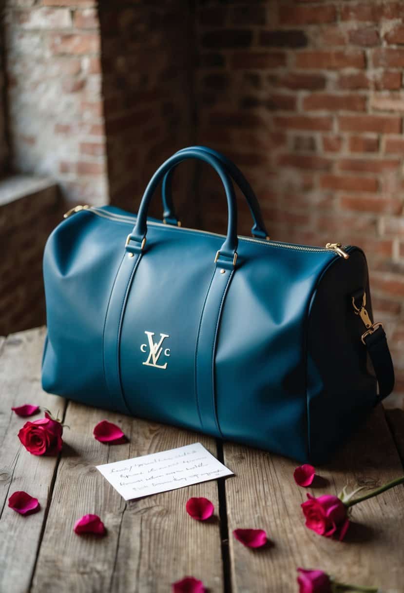 A sleek monogrammed duffle bag sits on a rustic wooden table, surrounded by scattered rose petals and a handwritten note