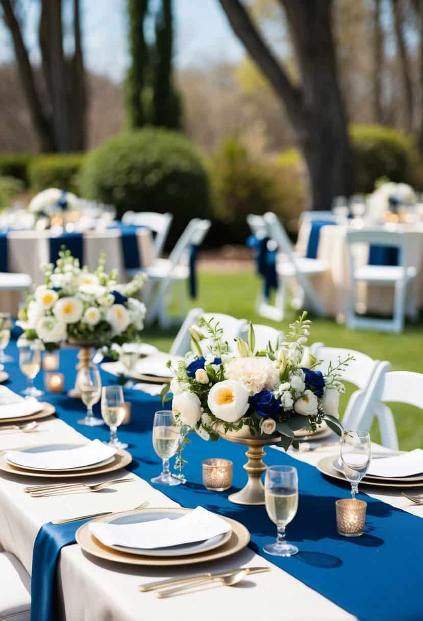A romantic outdoor spring wedding with champagne and navy decor, featuring blooming flowers and elegant table settings