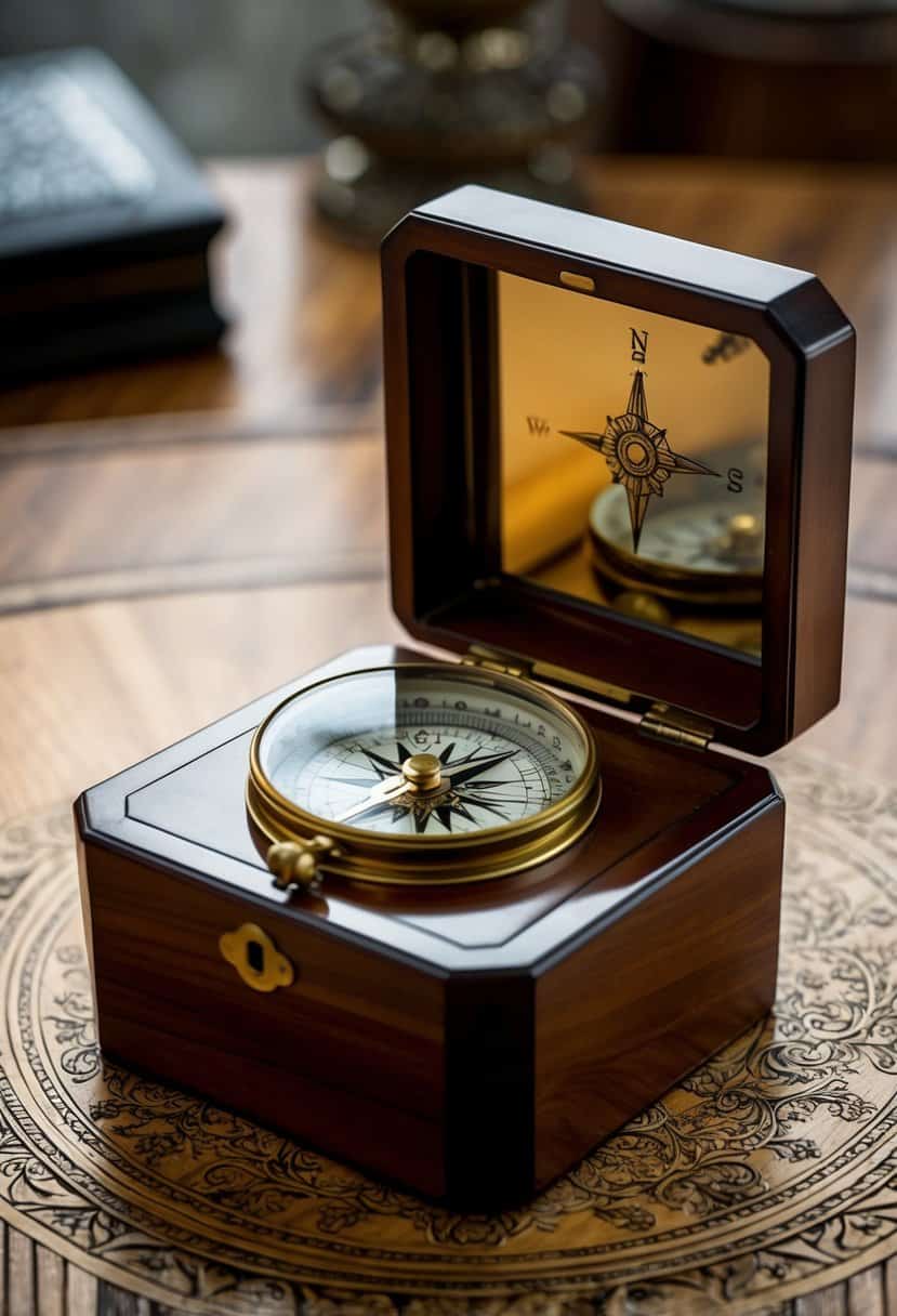 An ornate compass rests on a polished wooden box, surrounded by delicate engravings and intricate detailing