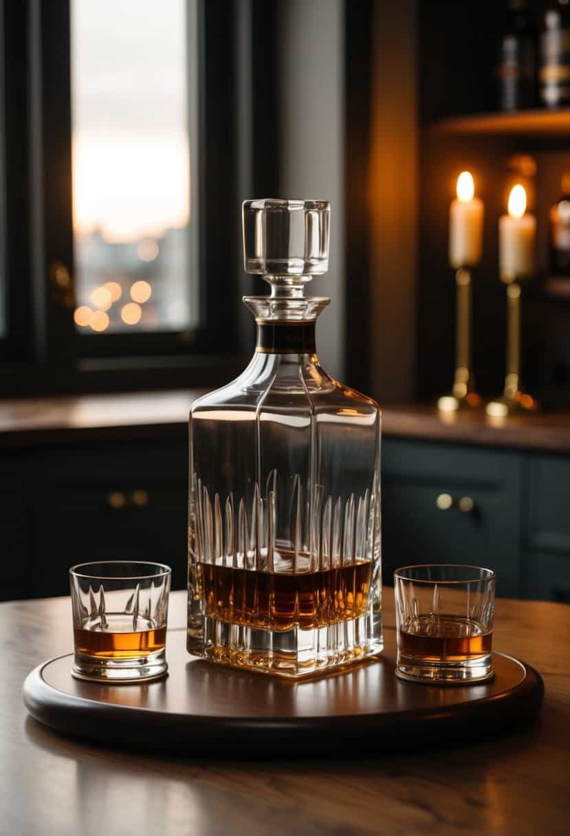 A whiskey decanter set displayed on a wooden table with two matching glasses and a bottle of whiskey, surrounded by soft candlelight