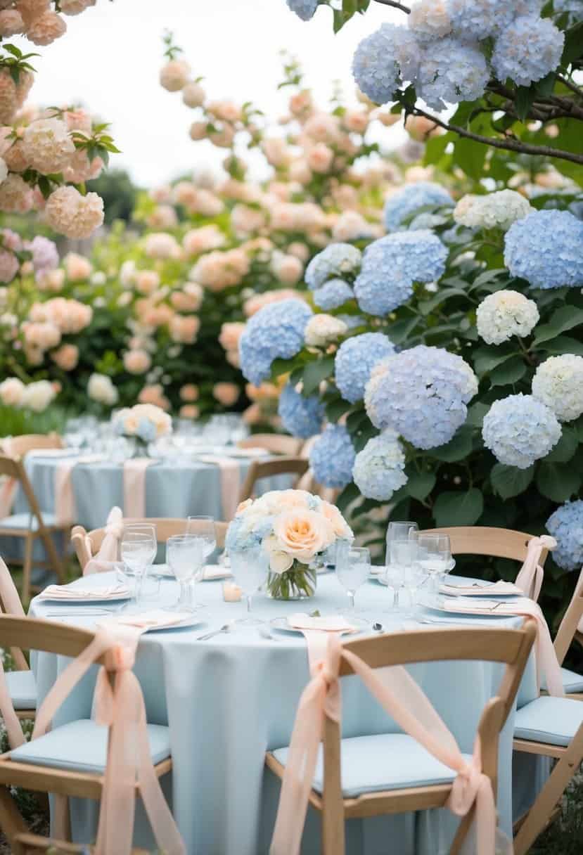 A garden filled with soft peach blossoms and powder blue hydrangeas, with delicate ribbons and linens in the same hues draped over tables and chairs