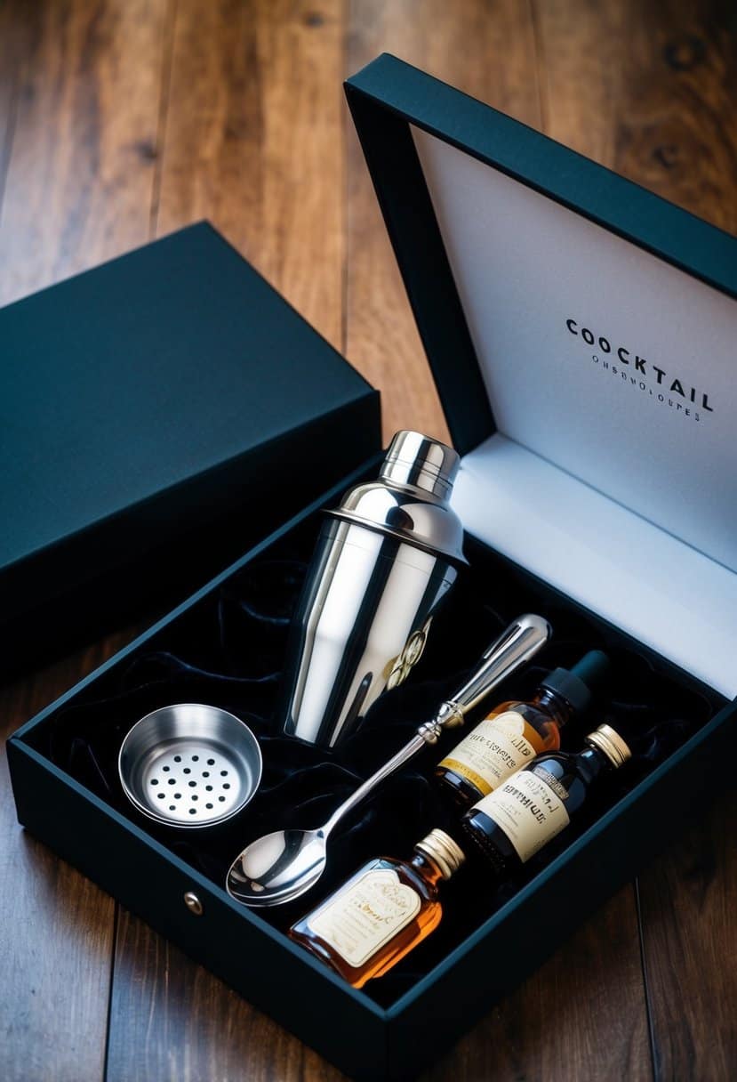 A sleek black box opens to reveal a collection of elegant cocktail-making tools, nestled in plush velvet. A silver shaker, gleaming jigger, and polished mixing spoon catch the light, surrounded by artisanal bitters and handcrafted syrups