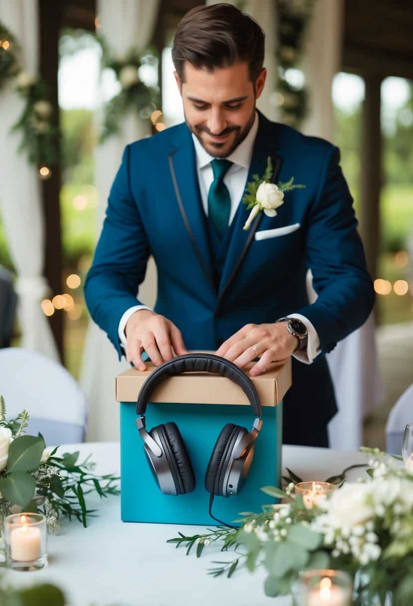 A groom unwraps a gift box, revealing noise-canceling headphones amidst wedding decorations
