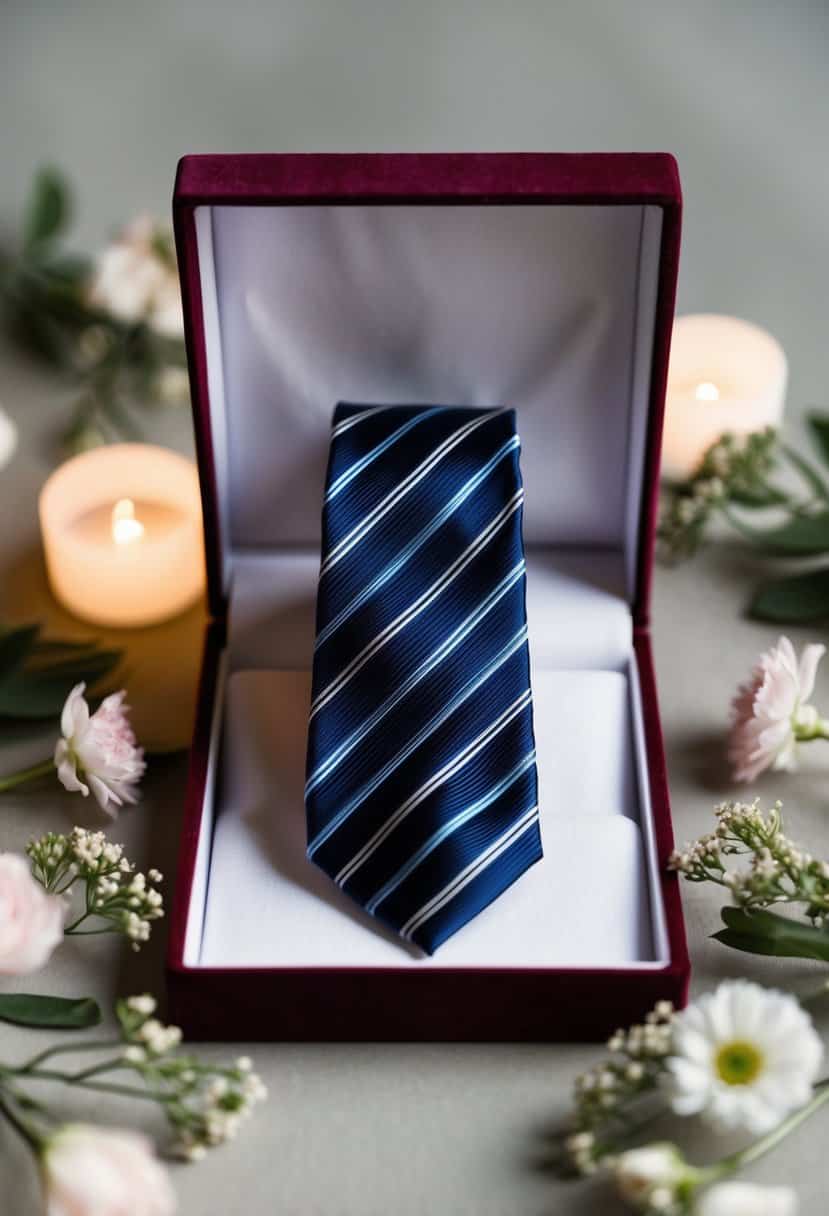 A silk tie elegantly displayed on a velvet-lined box, surrounded by soft lighting and delicate floral accents