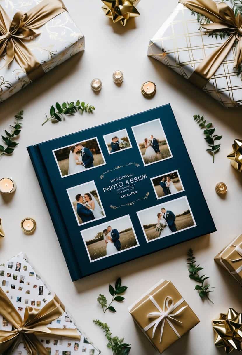 A personalized photo album with wedding pictures and customized details, surrounded by elegant gift wrapping and decorative elements