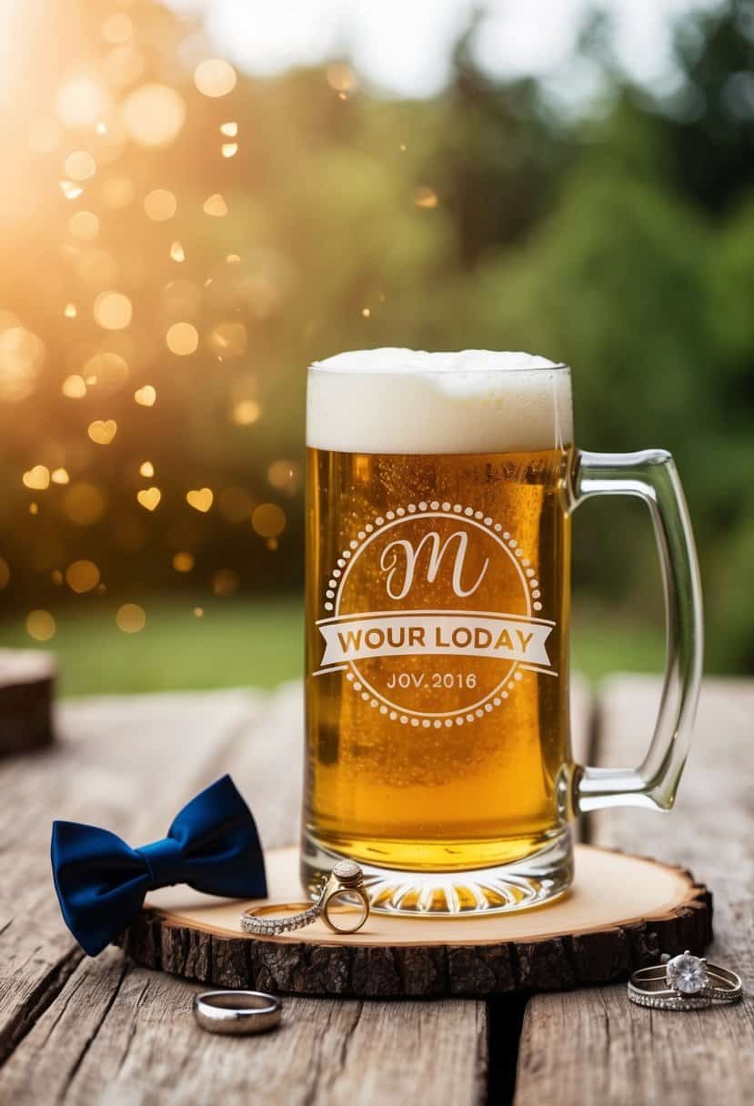 A custom-engraved beer mug sits on a rustic wooden table, adorned with wedding-themed embellishments such as a bow tie and wedding rings
