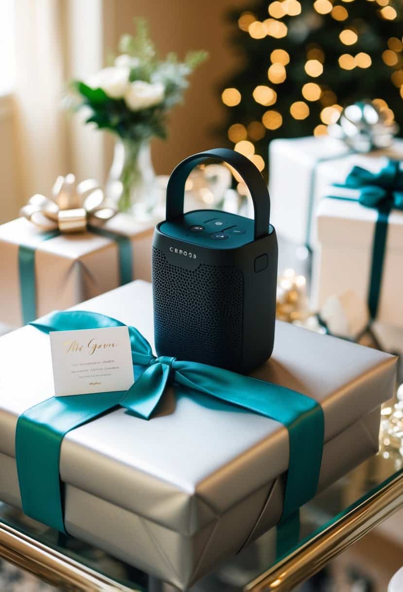 A sleek portable Bluetooth speaker sits on a gift table, adorned with elegant wrapping and a small card for the groom