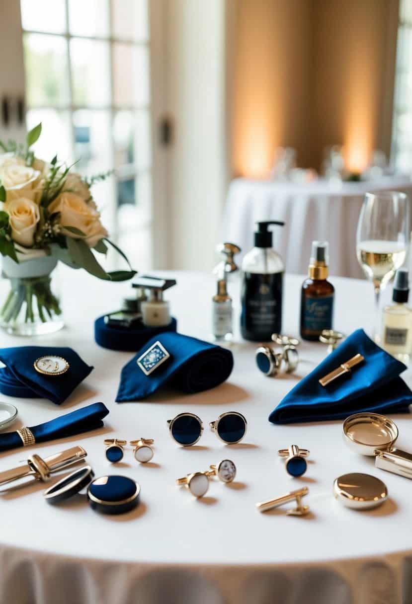 A table with a variety of elegant wedding-themed items such as cufflinks, tie clips, pocket squares, and grooming products