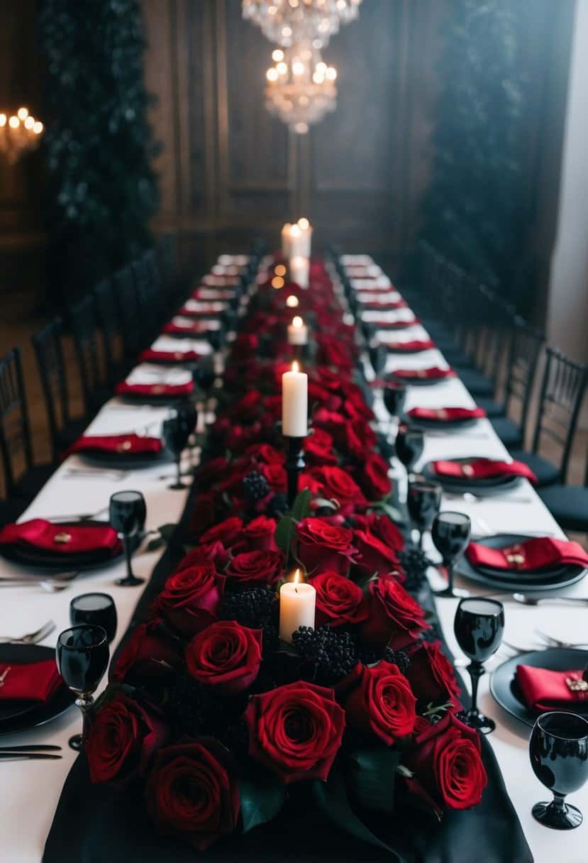 A grand table adorned with deep red roses and black accents, creating a moody and romantic centerpiece for a gothic-themed wedding