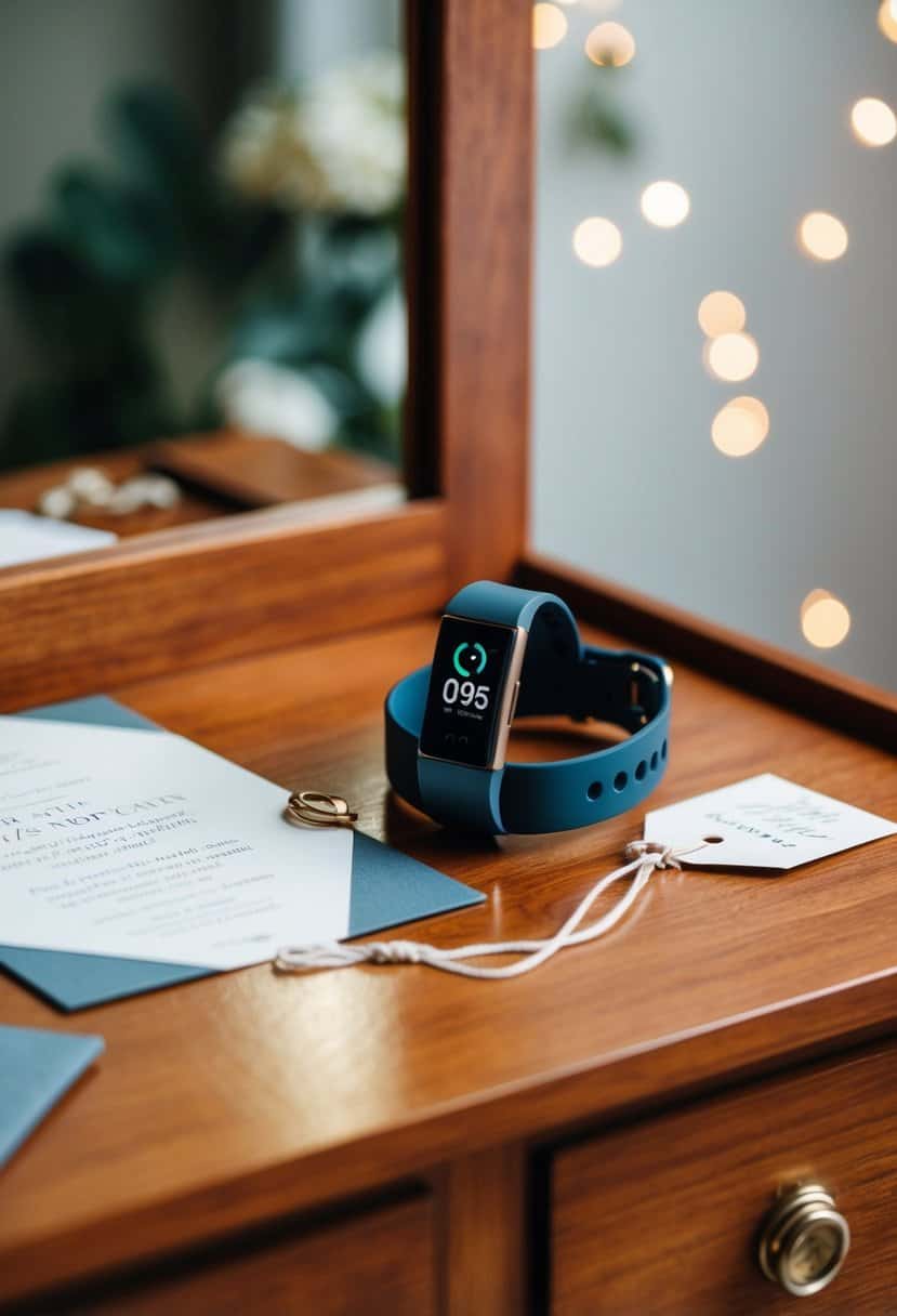 A fitness tracker placed next to a sleek watch on a wooden dresser, with a wedding invitation and a gift tag
