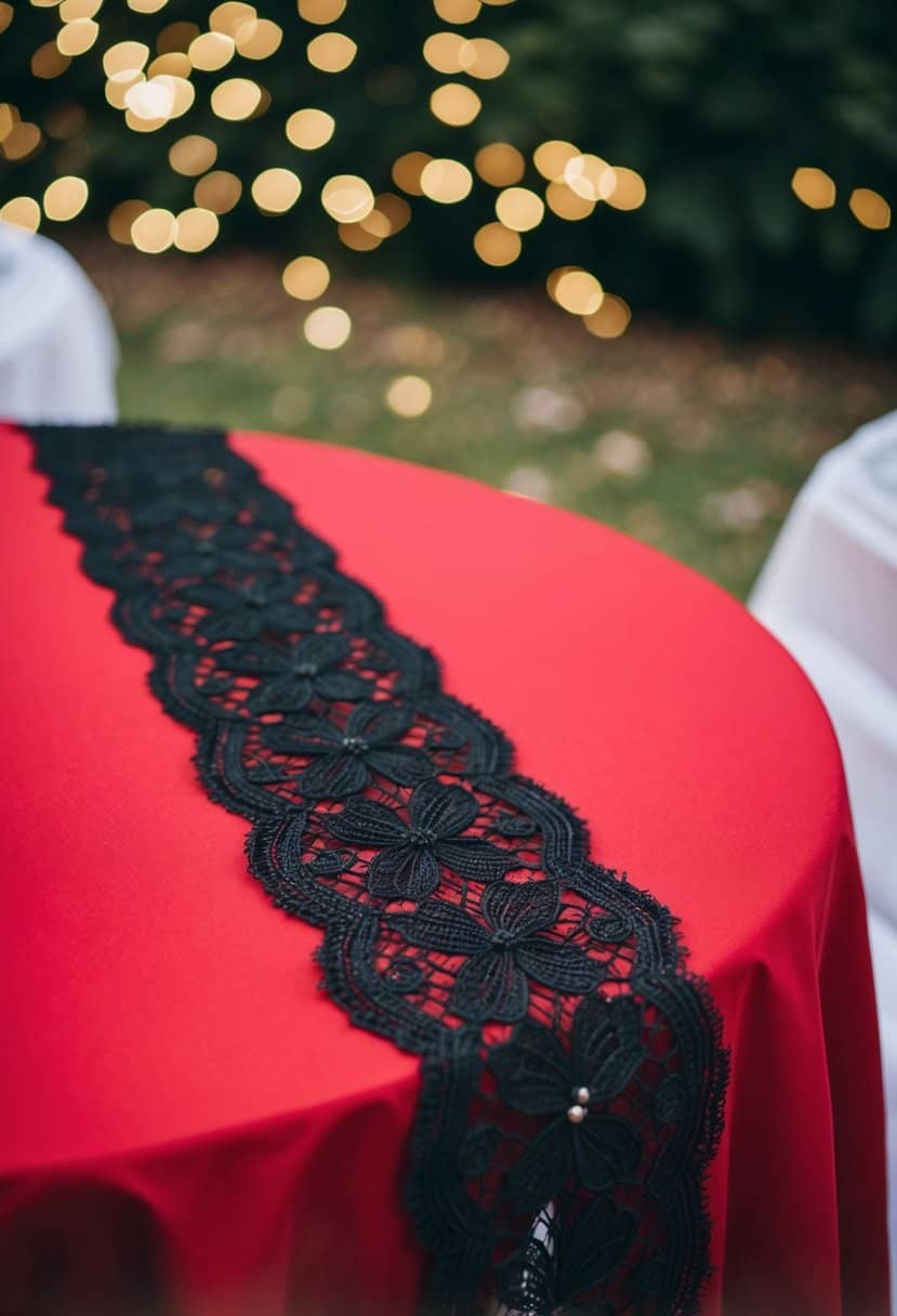 A black lace table runner lays across a red tablecloth, creating a striking contrast for a wedding decor