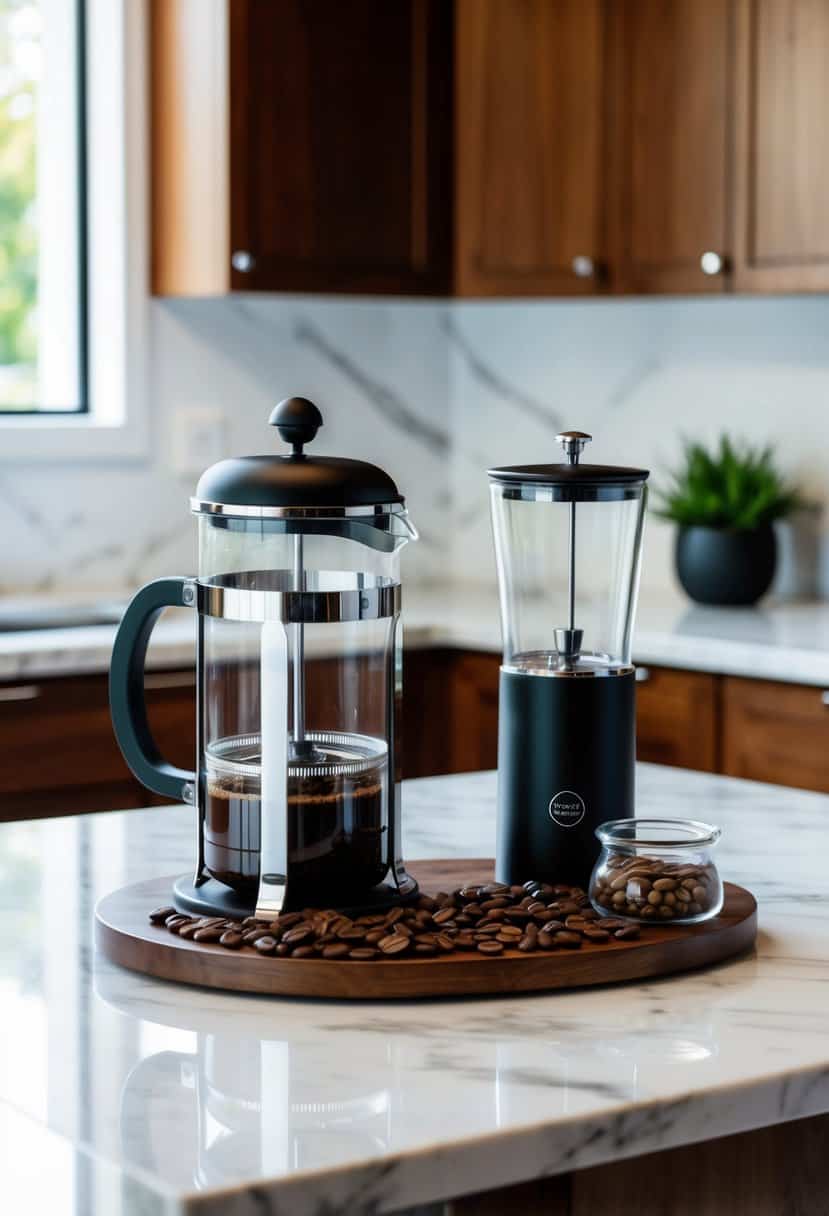 A sleek coffee set displayed on a marble countertop, with a French press, grinder, and assortment of gourmet coffee beans