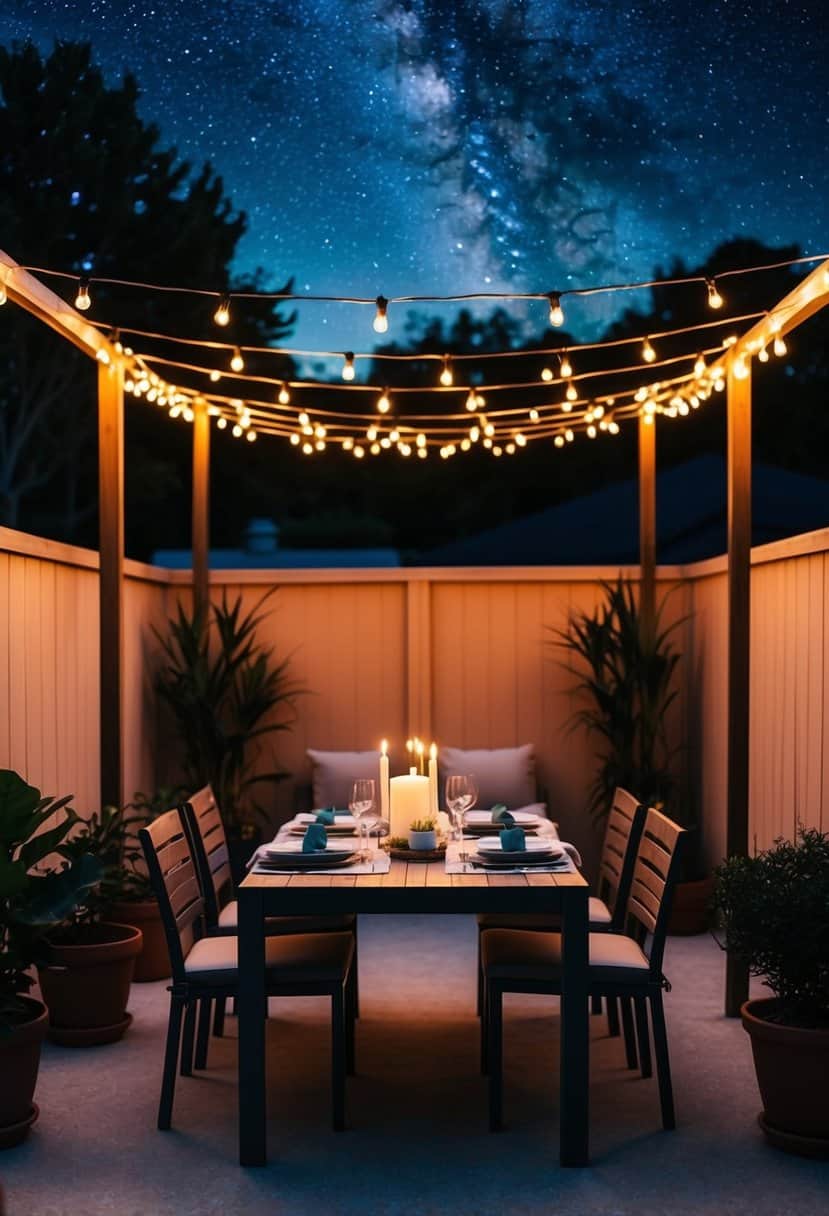 A cozy patio with a candlelit dinner set for two under the warm glow of string lights, surrounded by potted plants and a starry night sky