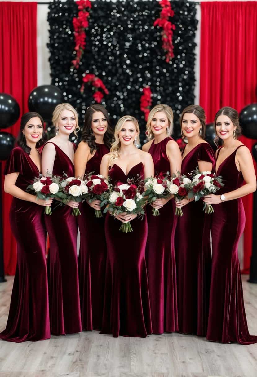 A group of bridesmaid dresses in deep crimson velvet, set against a backdrop of black and red wedding decor
