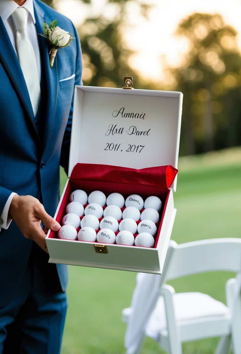 A groom receiving a box of custom golf balls as a wedding gift, with the balls personalized with his name and the wedding date
