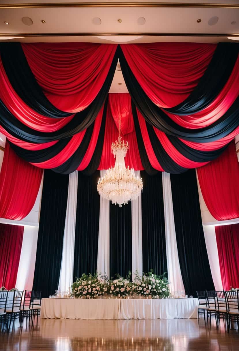 A grand ballroom with red and black silk drapes cascading from the ceiling, creating a dramatic and elegant backdrop for a wedding celebration
