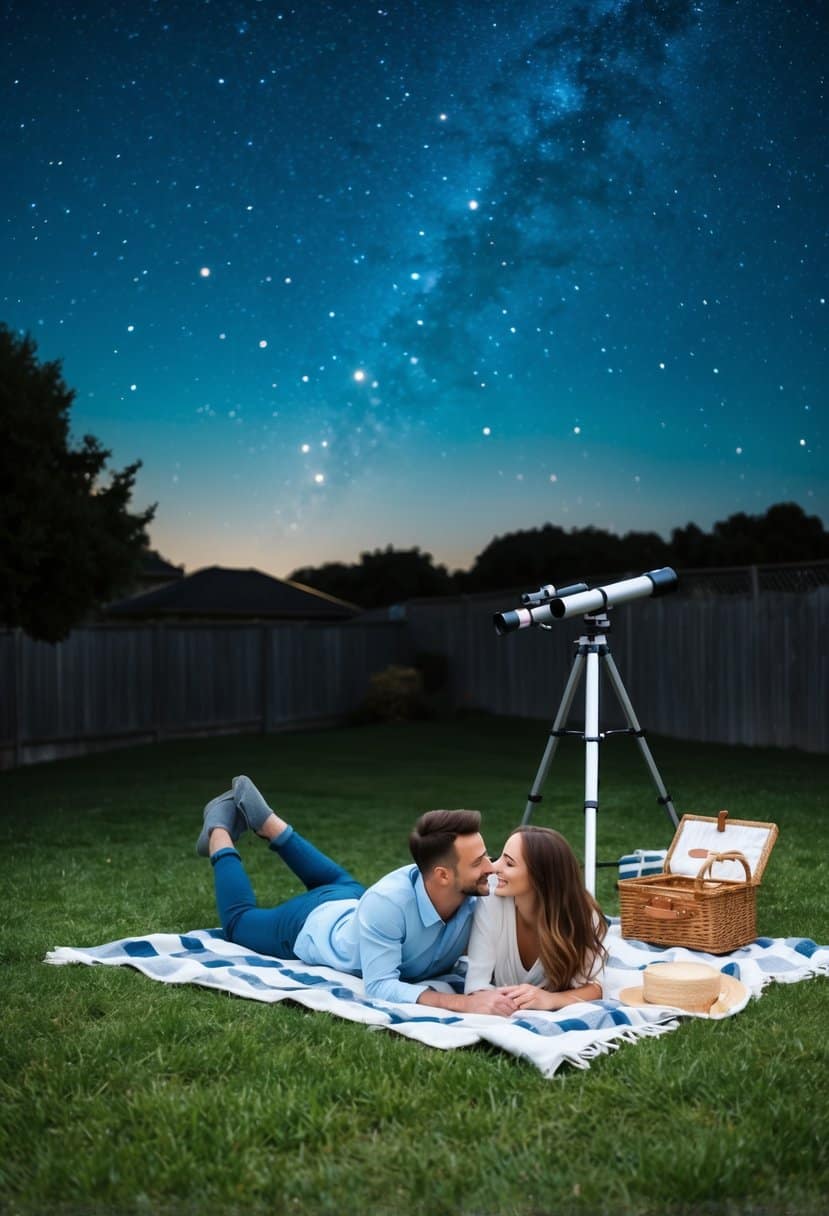 A couple lies on a blanket in a backyard, surrounded by twinkling stars and a clear night sky. A telescope and a picnic basket are nearby