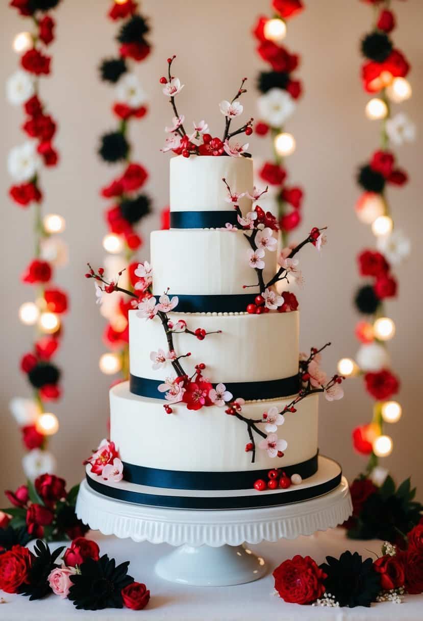 A three-tiered cherry blossom wedding cake surrounded by red and black floral decorations
