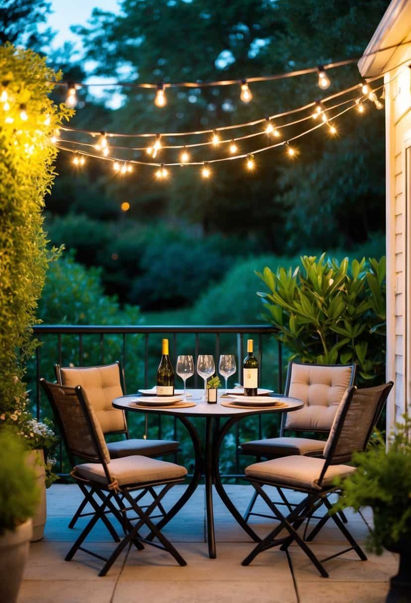 A cozy outdoor patio with a table set for two, surrounded by lush greenery and twinkling string lights, with wine glasses and bottles ready for a romantic evening of wine tasting
