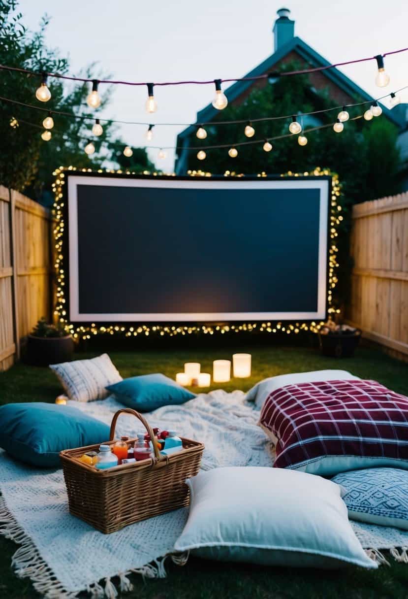 A cozy backyard set up with a large screen, fairy lights, blankets, and pillows. A picnic basket with snacks and drinks sits nearby