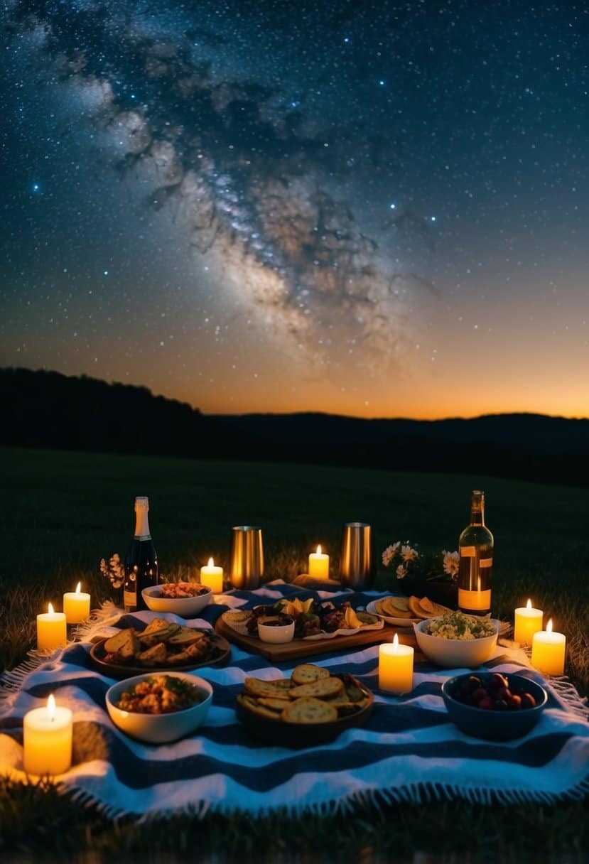 A cozy picnic blanket laid out under a starry night sky, surrounded by flickering candles and a spread of delicious food and drinks