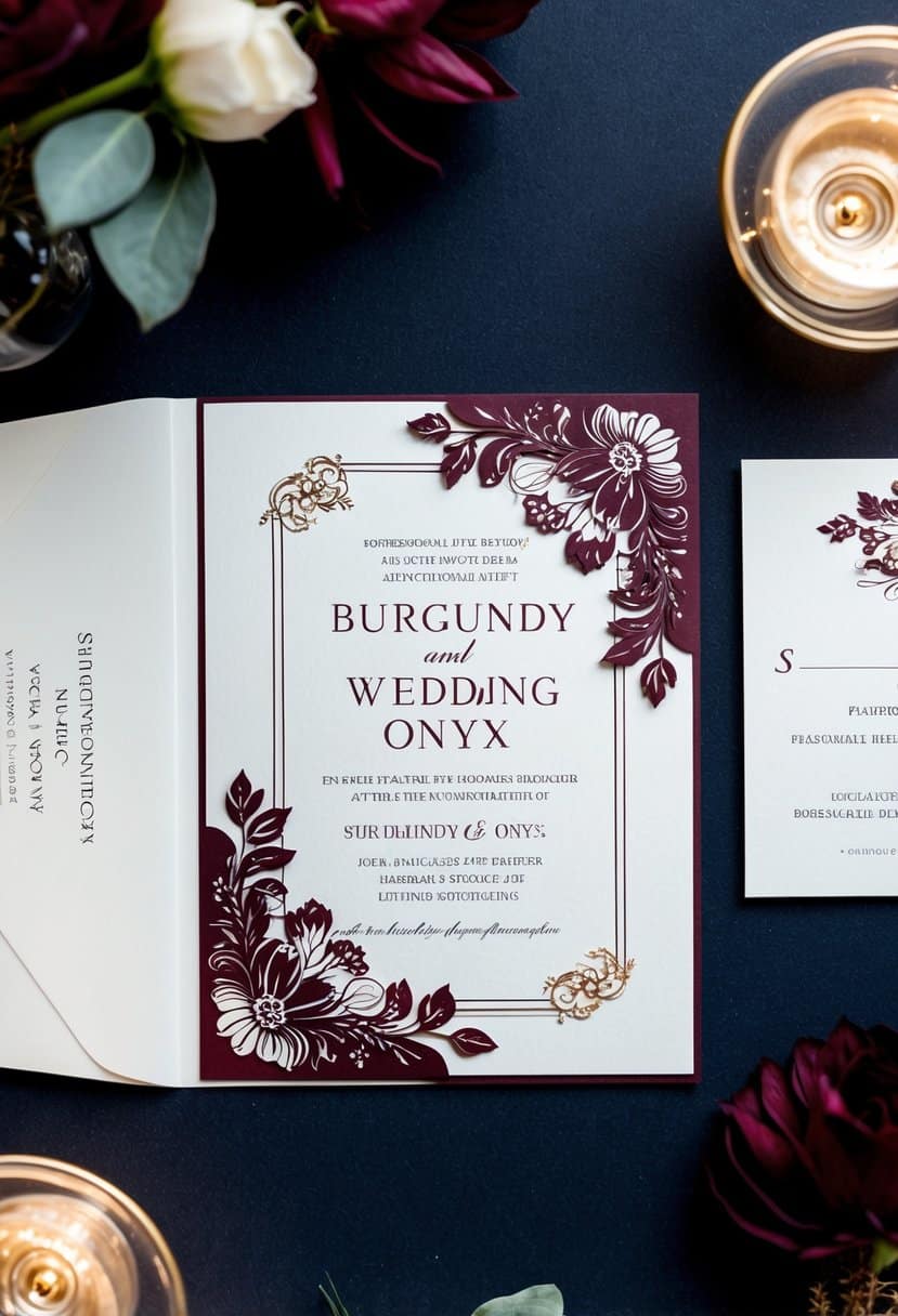 A luxurious burgundy and onyx wedding invitation suite with elegant floral motifs and intricate details