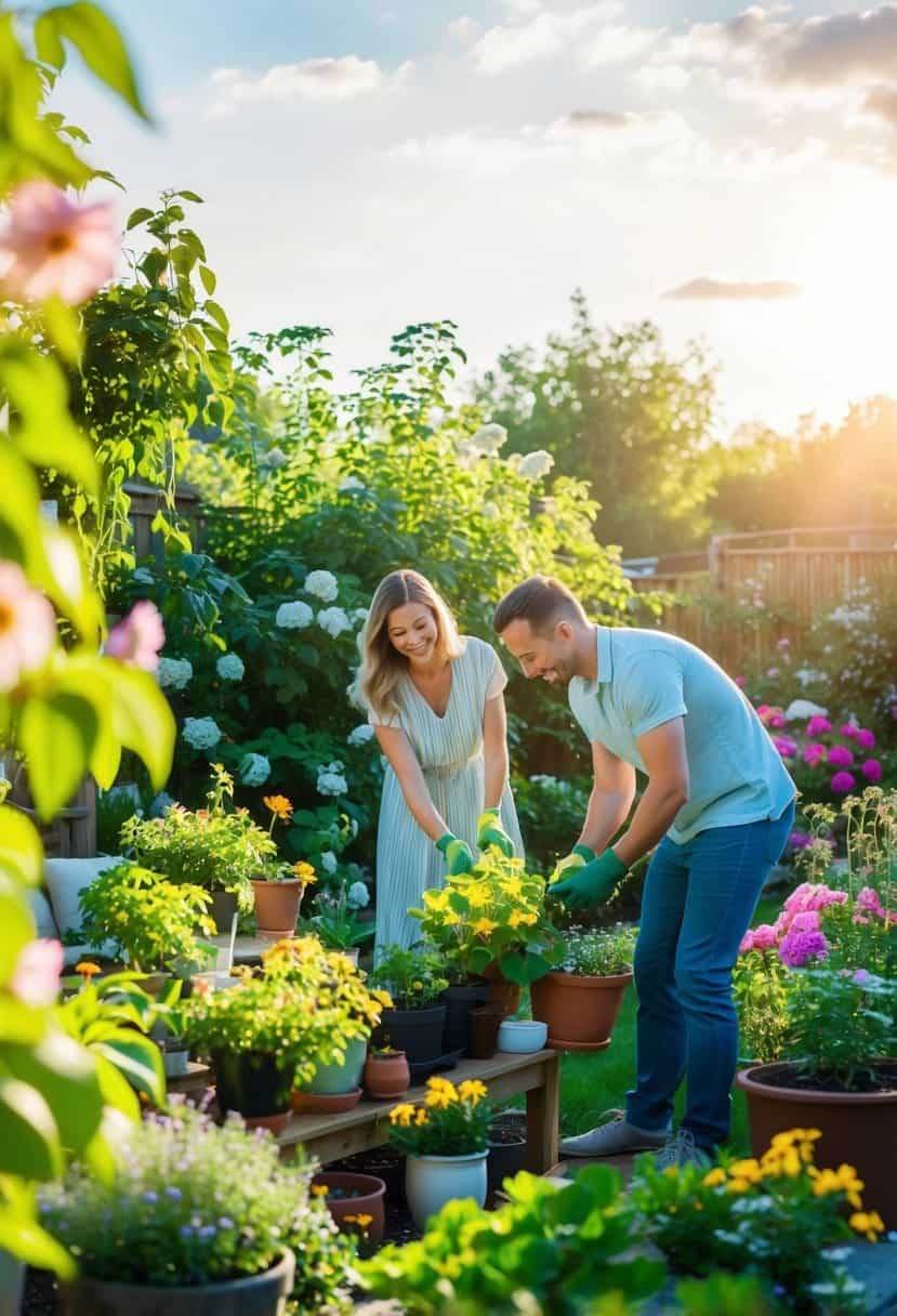 A cozy backyard garden with a couple tending to their plants, surrounded by blooming flowers and lush greenery under the warm summer sun
