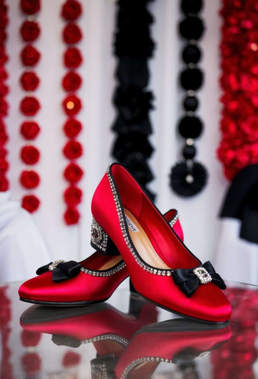A pair of scarlet satin bridal shoes adorned with black accents, set against a backdrop of red and black wedding decor
