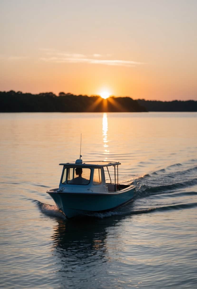 A small boat glides across calm waters as the sun sets, casting a warm, golden glow over the tranquil scene