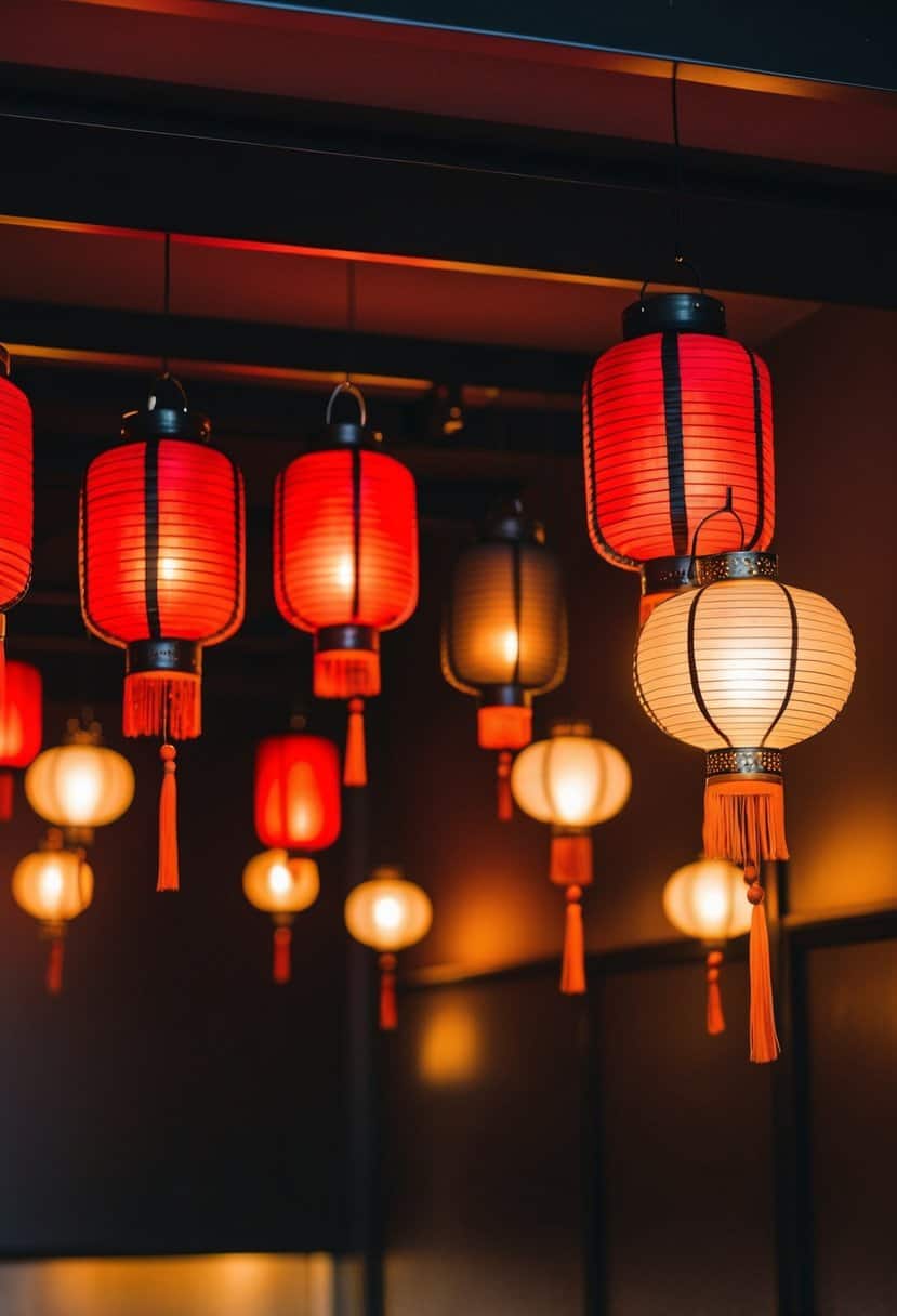 A dimly lit room with red and black lanterns hanging from the ceiling, casting a warm and romantic glow over the space