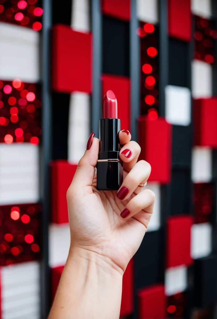 A bride's hand holding a ruby red lipstick against a backdrop of red and black wedding decor