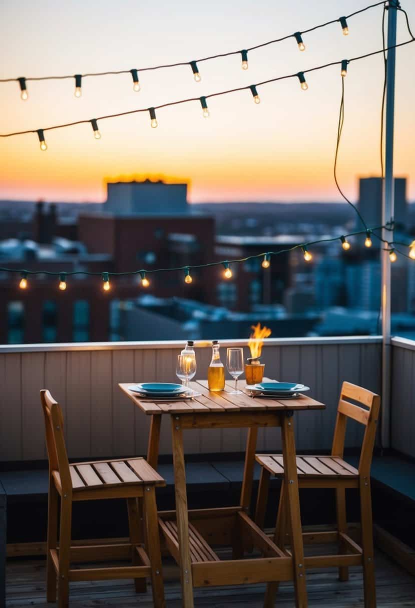 A rooftop BBQ with string lights, a table set for two, and a sunset view