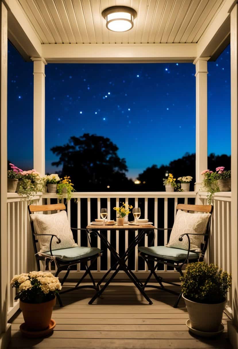 A cozy porch with soft lighting, a small table set for two, surrounded by potted plants and flowers. The night sky is clear, stars shining brightly, creating a romantic ambiance