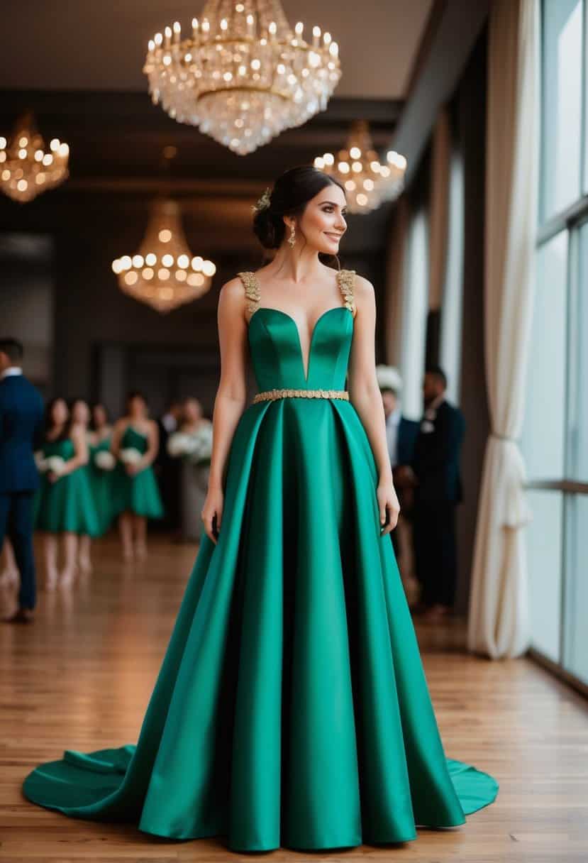 Emerald green dresses with gold accents in a wedding setting
