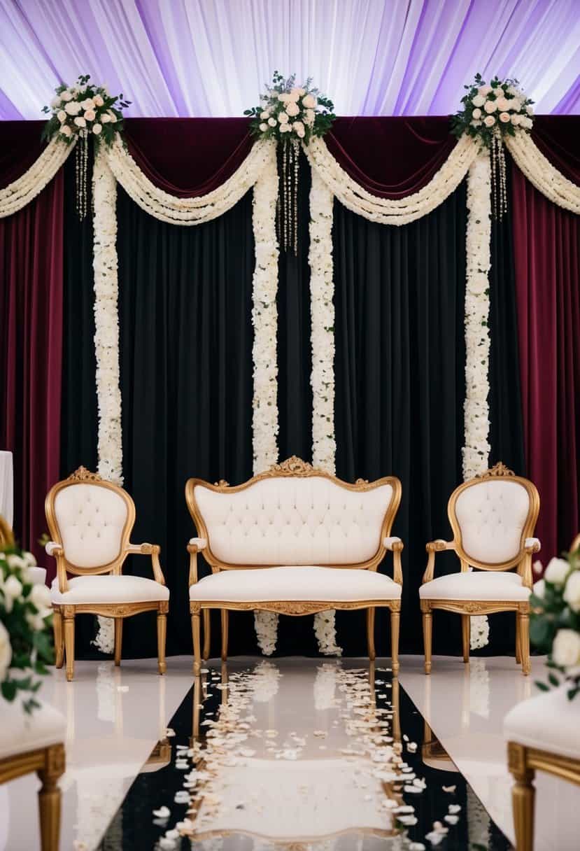 A grand maroon and jet black backdrop adorned with elegant decorations for a wedding ceremony