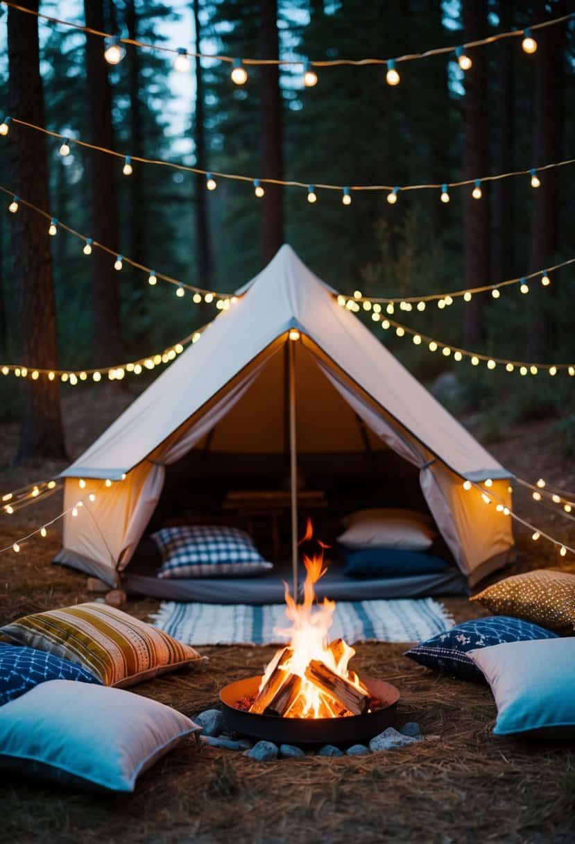 A cozy tent nestled among twinkling string lights, surrounded by a warm crackling campfire and a spread of picnic blankets and cushions